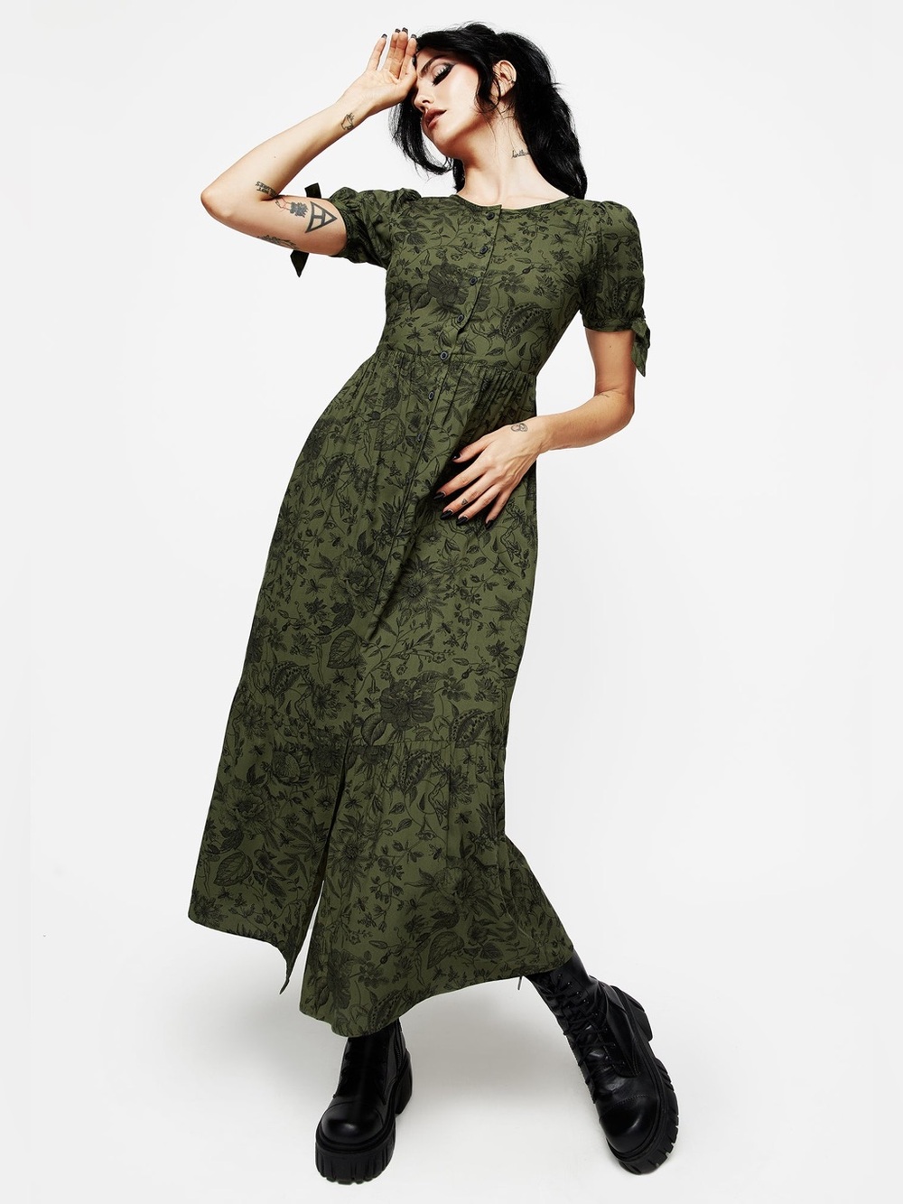 DISTURBIA Meadowflowers Olive Green Floral Print Button Front Midi Dress